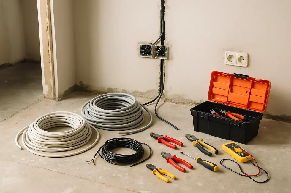 Praca elektryka wokół nowej instalacji elektrycznej w mieszkaniu.