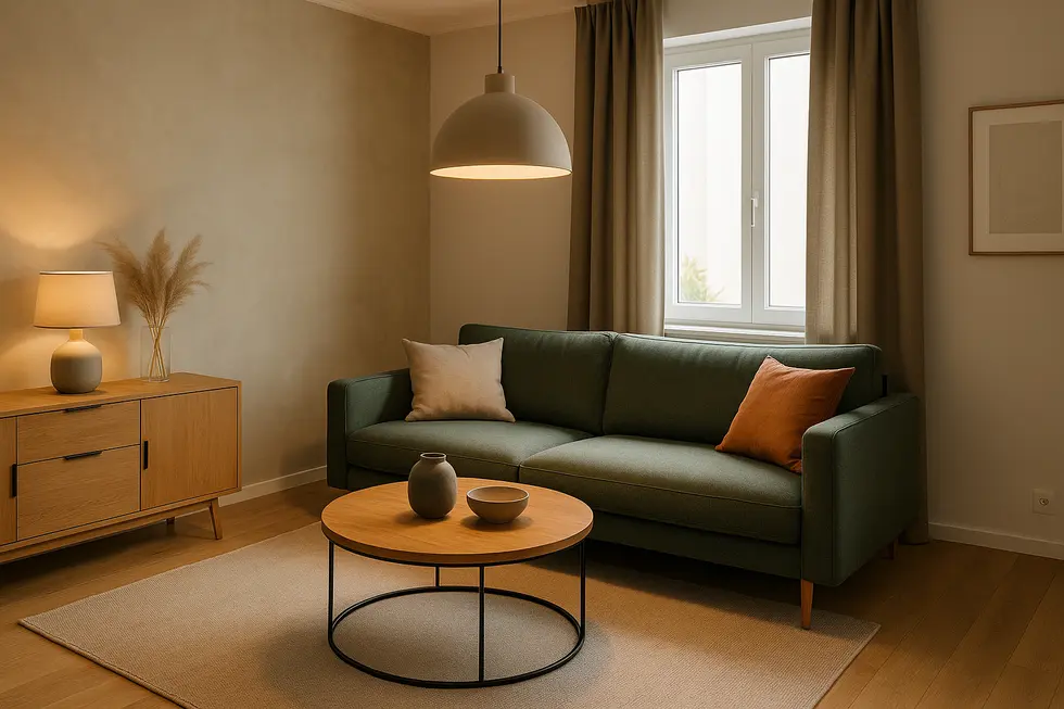 Pięknie umeblowany i wyremontowany pokój, który ilustruje efekt prac remontowych.