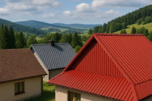 Różnorodne pokrycia dachowe, w tym blacha, ukazujące piękno architektury.