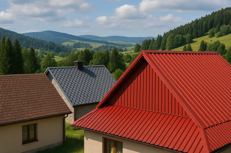 Różnorodne pokrycia dachowe, w tym blacha, ukazujące piękno architektury.