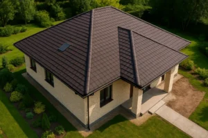 Widok z góry nowego domu z różnymi materiałami na pokrycie dachowe.