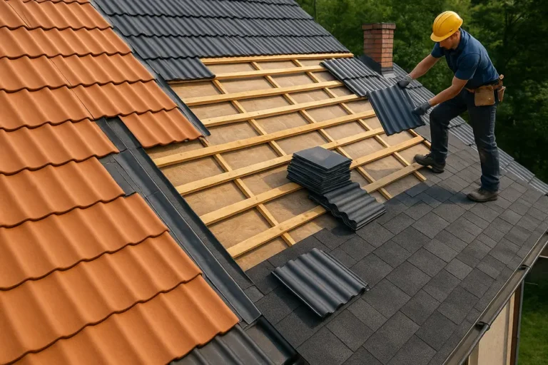 Ile kosztuje wymiana dachu? 1 Widok dachu z pracami dekarskimi i różnymi materiałami pokryciowymi.