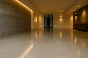 Wypolerowana podłoga betonowa w stylowym wnętrzu.