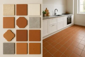 Nowoczesna kuchnia z idealnie ułożoną ceramiką na podłodze.