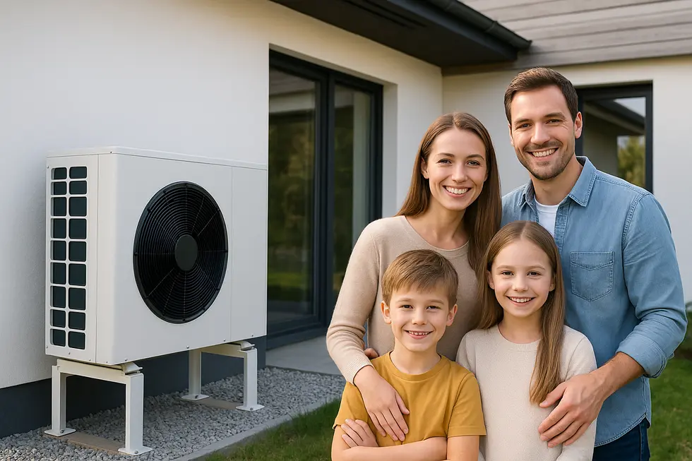 Nowoczesny dom z zamontowaną powietrzną pompą ciepła, z rodziną w tle.