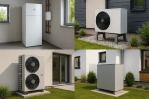 Zegy różnych systemów pomp ciepła zamontowanych w nowoczesnych domach.