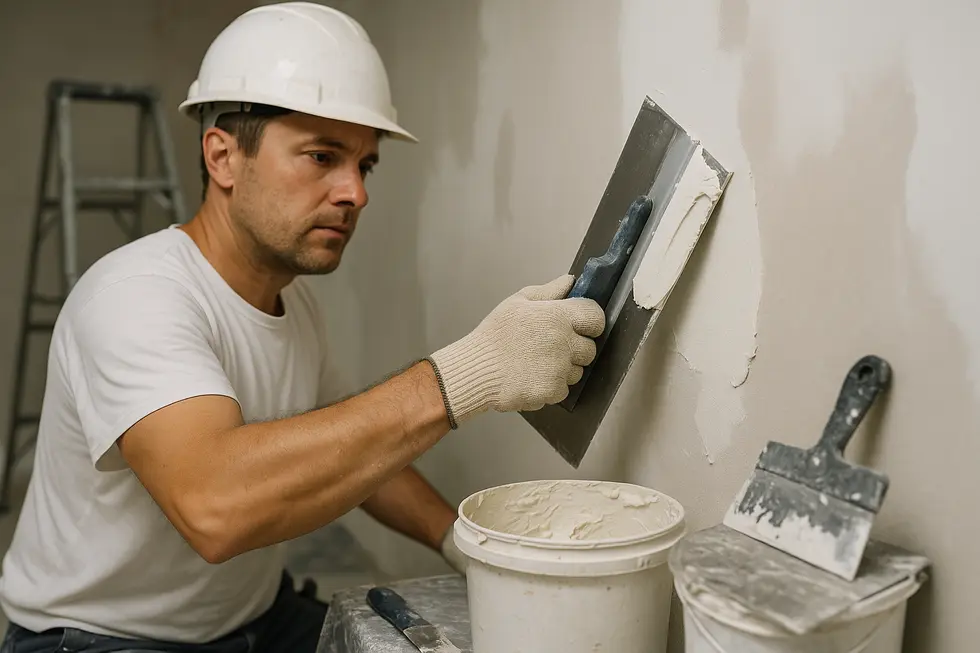 W procesie szpachlowania ścian, ukazujący narzędzia i techniki używane przez fachowców.