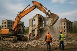 Obraz przedstawiający scenę z rozbiórki budynków, ilustrujący różne etapy tego procesu.