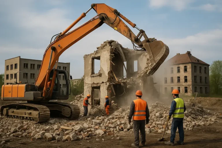 Ile kosztuje rozbiórka budynku – Praktyczny przewodnik 5 Obraz przedstawiający scenę z rozbiórki budynków, ilustrujący różne etapy tego procesu.