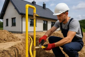 Wizualizacja procesu instalacji gazu w nowo wybudowanym domu.