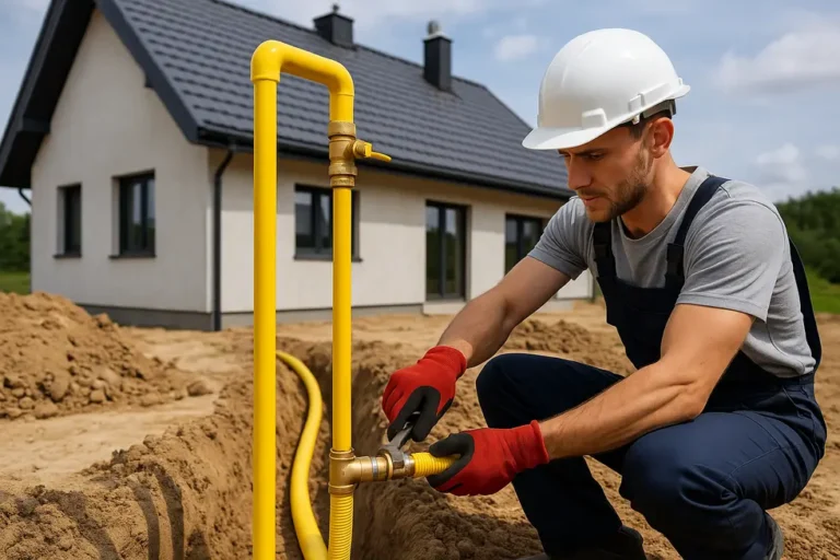 Wizualizacja procesu instalacji gazu w nowo wybudowanym domu.