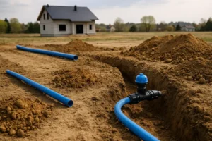 Wyraźne zdjęcie działki budowlanej z rurami wodociągowymi i wykopami.