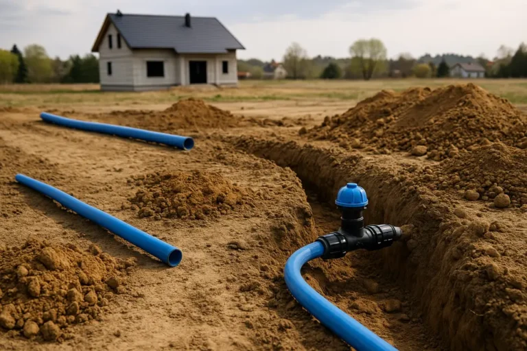 Wyraźne zdjęcie działki budowlanej z rurami wodociągowymi i wykopami.