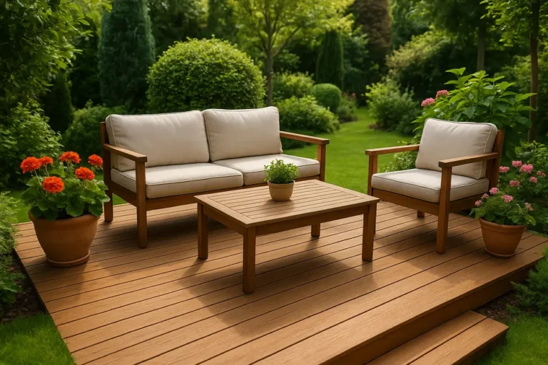 Widok przytulnego tarasu drewnianego w ogrodzie, z kwiatami i meblami ogrodowymi