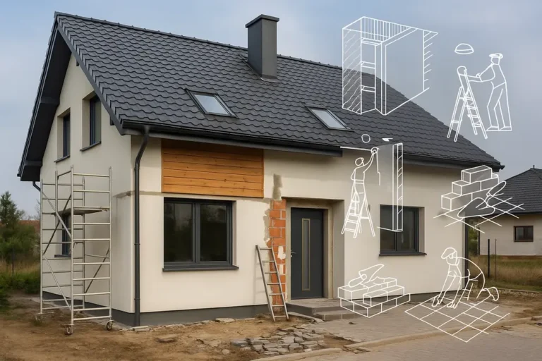 Ile kosztuje remont domu 100 m²? Przewodnik dla właścicieli i inwestorów 6 Nowoczesny dom z elementami technicznymi, ilustrujący różnorodność prac remontowych.