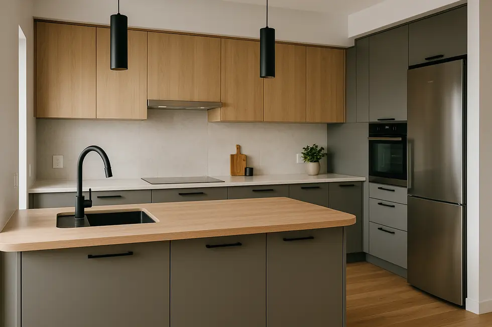 Stylowa, nowoczesna kuchnia z eleganckimi meblami, reprezentująca ideę wymarzonego remontu.