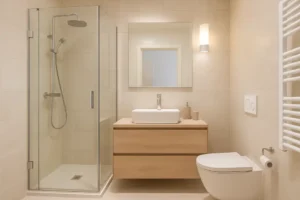 Nowoczesna łazienka po remoncie o powierzchni 5 m², prezentująca funkcjonalność i estetykę.