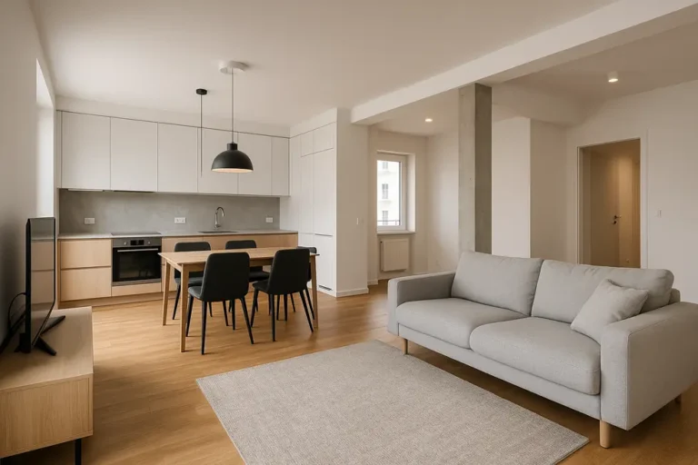 Ile kosztuje wyburzenie ścianki działowej? 2 Widok odnowionego mieszkania z nowoczesnym wykończeniem po wyburzeniu ścianki działowej.