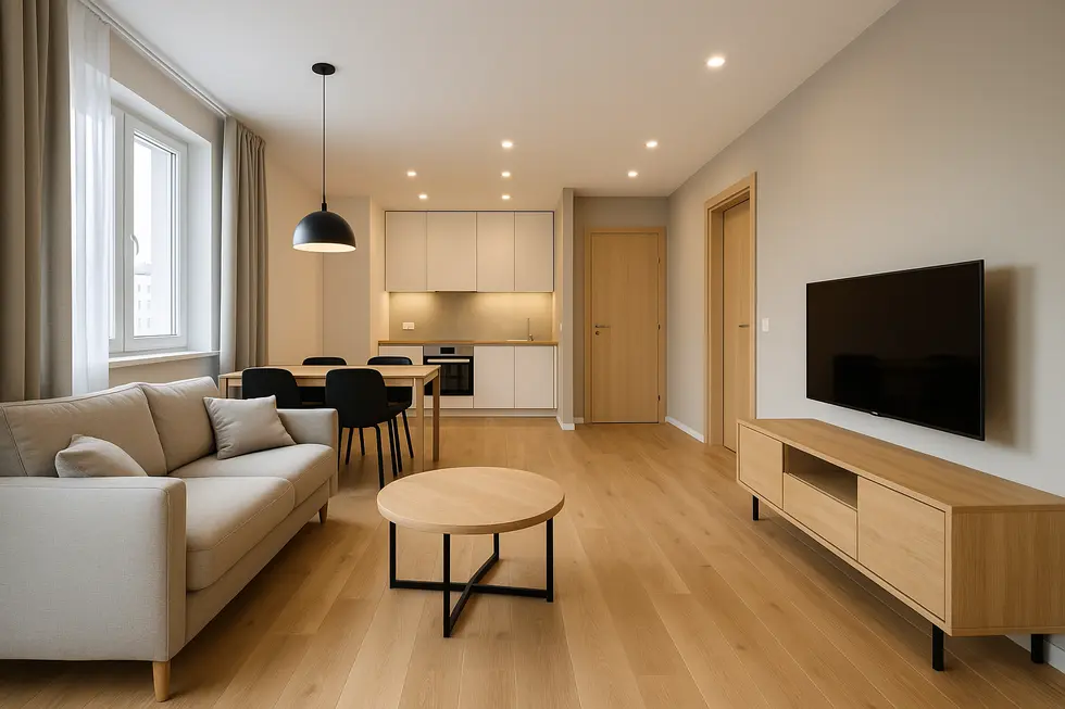 Photorealistic image of a beautifully renovated 50 m² apartment.