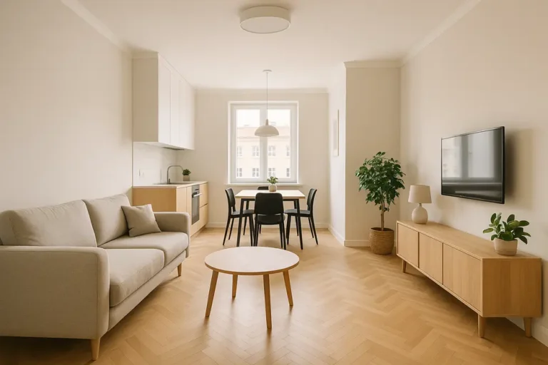 Ile kosztuje remont mieszkania: Kluczowe aspekty dla inwestorów i właścicieli 9 Stylowe, nowoczesne wnętrze mieszkania po remoncie, w jasnych kolorach i z eleganckim wystrojem.