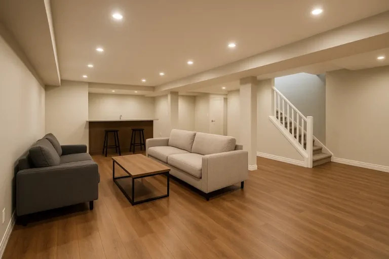 Koszt remontu piwnicy: Jak zaplanować budżet na odnowienie? 10 Renovated basement area designed for functionality and aesthetic appeal.