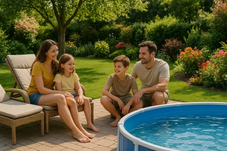 Rodzina relaksująca się przy basenie ogrodowym w atrakcyjnym otoczeniu.