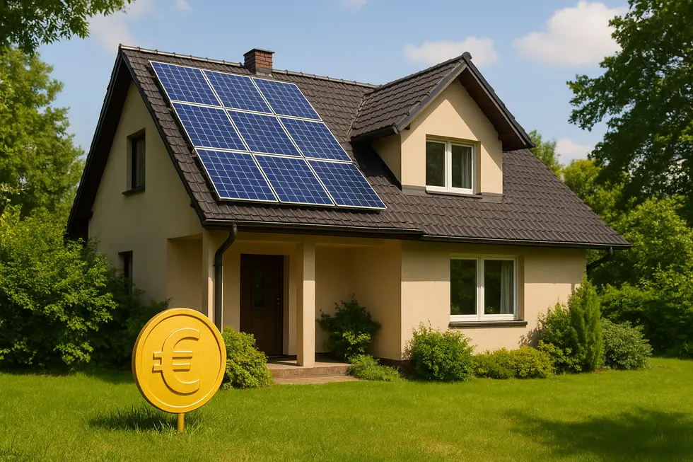 Rodzinny dom z panelami słonecznymi na dachu, otoczony zieleń.