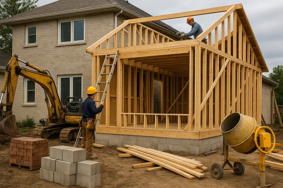 Rozbudowa domu z robotnikami pracującymi nad nowymi elementami i budującymi.