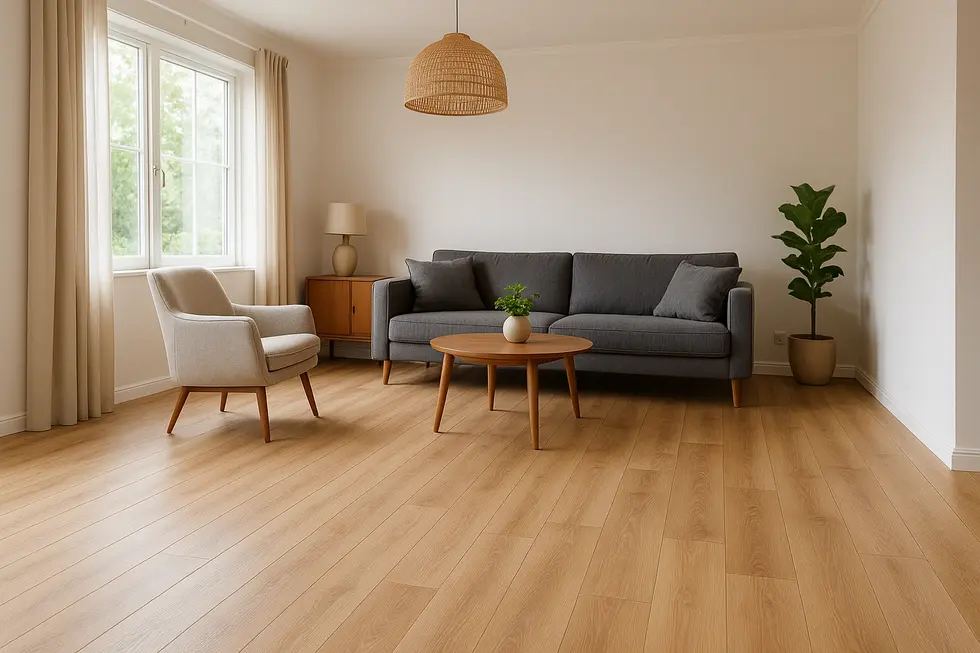 Stylowy salon z nowymi panelami podłogowymi, ilustrujący efekt po zakończonym remoncie.