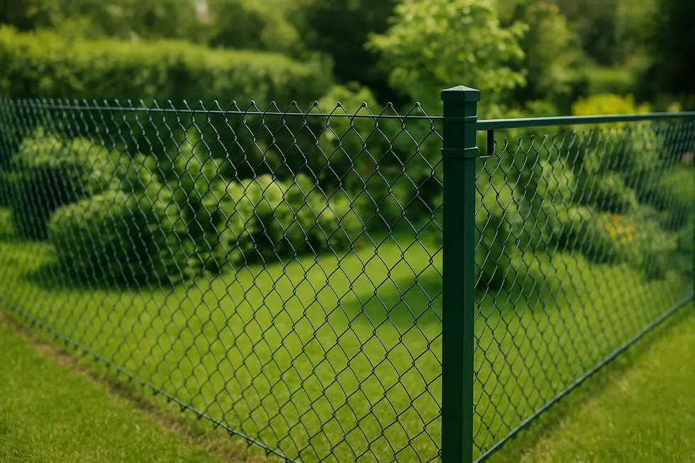Widok ogrodu z siatką ogrodzeniową, podkreślający estetykę i zabezpieczenia działki.