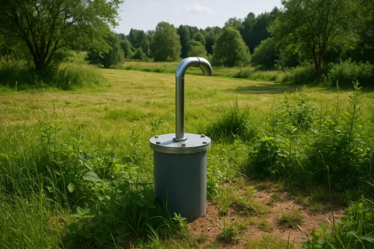 Obraz przedstawiający działkę z nową studnią głębinową na tle przyrody.