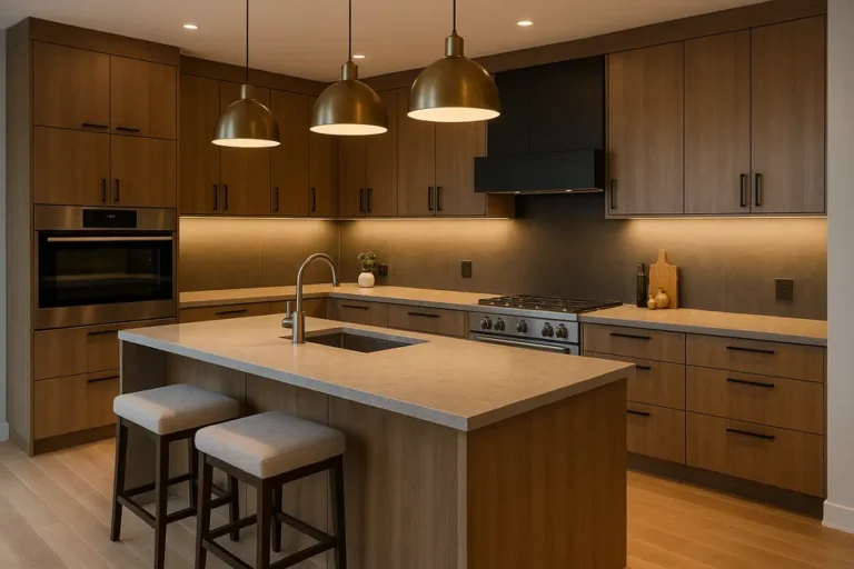 Ile kosztuje kuchnia na wymiar? Przewodnik dla początkujących 7 Stylowa i nowoczesna kuchnia na wymiar z eleganckimi meblami i wyspą kuchenną.