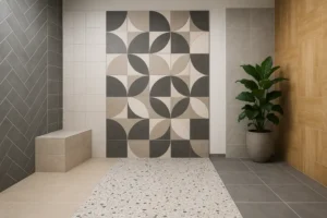 Stylowe i nowoczesne pomieszczenie z wyłożonymi kafelkami, pokazujące piękno i różnorodność wzorów.