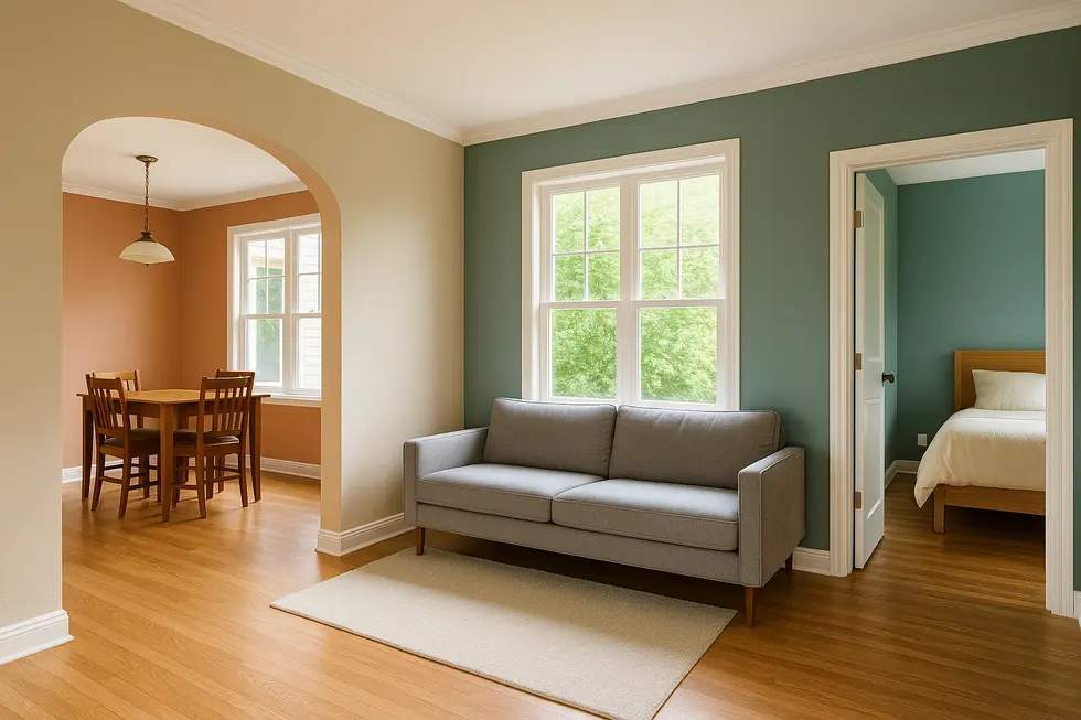 A transformed home interior displaying freshly painted walls in various attractive colors.