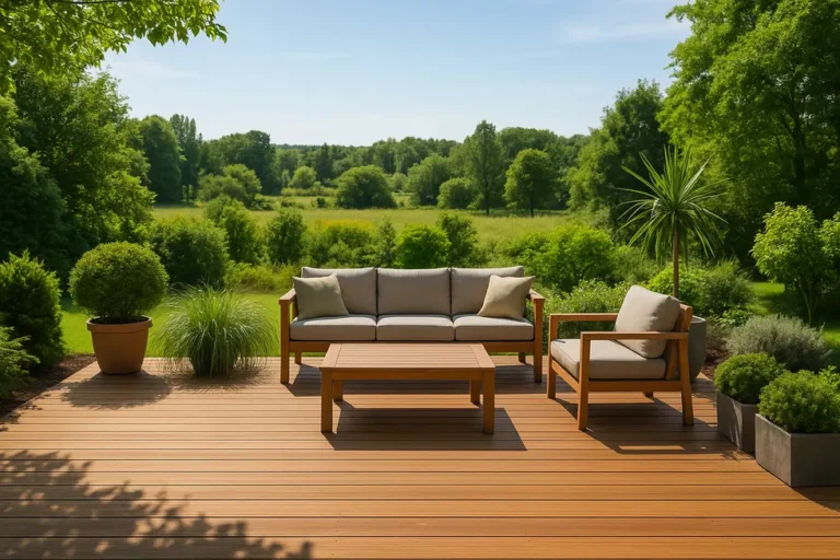 Ile kosztuje budowa tarasu – Kompendium dla właścicieli domów 11 Taras w ogrodzie z panoramicznym widokiem i meblami.