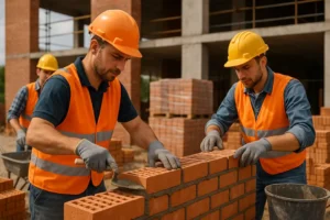 Grupa budowlańców wykonujących murowanie, otoczona narzędziami i materiałami budowlanymi.