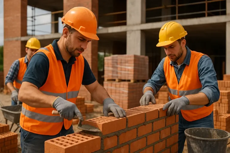 Koszt Murowania Ścian: Co Musisz Wiedzieć 10 Grupa budowlańców wykonujących murowanie, otoczona narzędziami i materiałami budowlanymi.