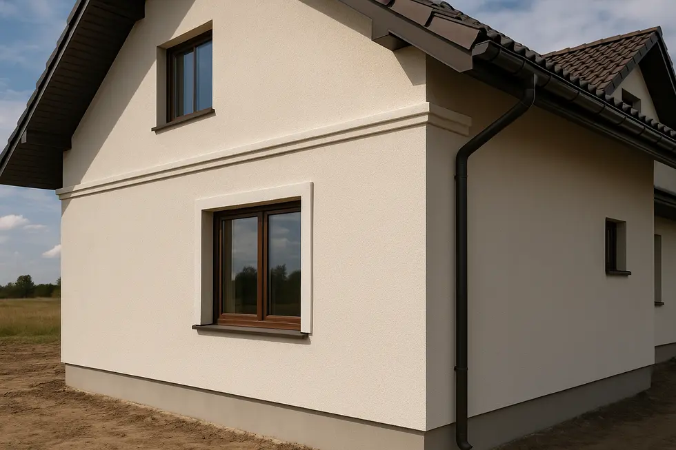 Pięknie wykończona elewacja nowego budynku po tynkowaniu, ukazująca detale i jakość wykończenia.