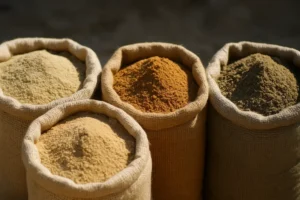 Woreczki z różnymi rodzajami piasku ustawione obok siebie w naturalnym świetle.