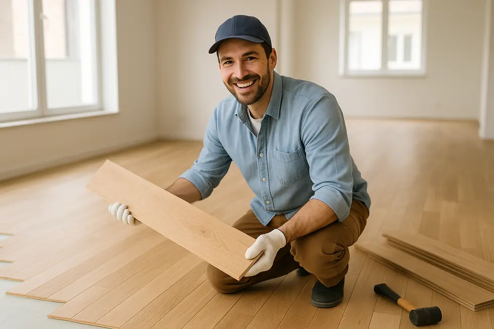 Osoba układająca parkiet w przestronnej kuchni, uśmiechnięta i szczęśliwa z postępu pracy.