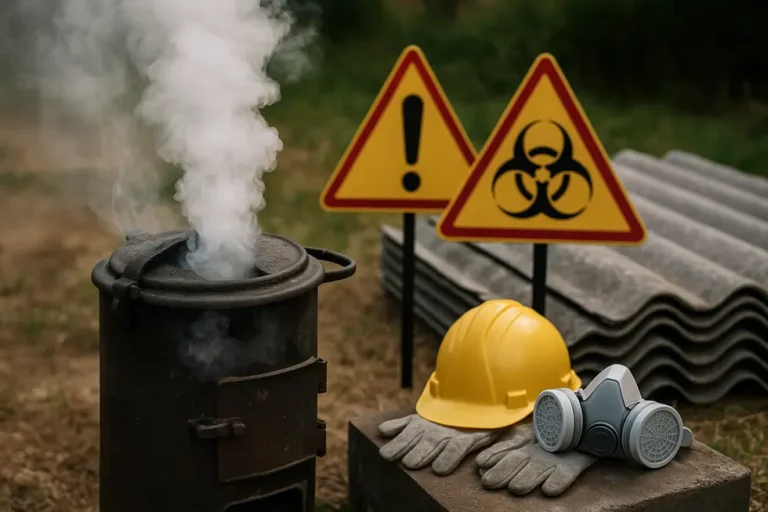 Ile kosztuje usunięcie eternitu? Przewodnik dla właścicieli domów 9 Piec z dymem oraz oznakowanie informujące o azbeście związane z usuwaniem eternitu.
