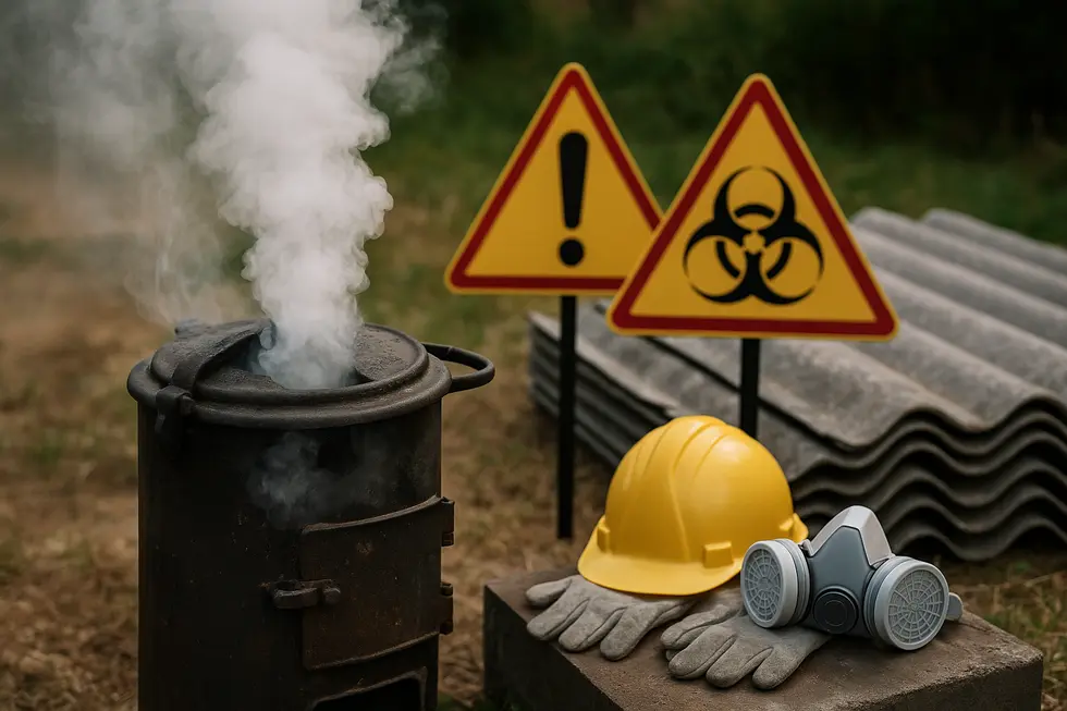 Piec z dymem oraz oznakowanie informujące o azbeście związane z usuwaniem eternitu.