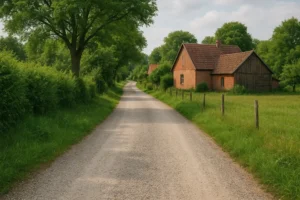 Widok utwardzonej drogi wiejskiej z otaczającą zielenią.
