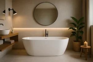 Stylowa łazienka z centralną akrylową wanną, świadcząca o nowoczesnym designie.