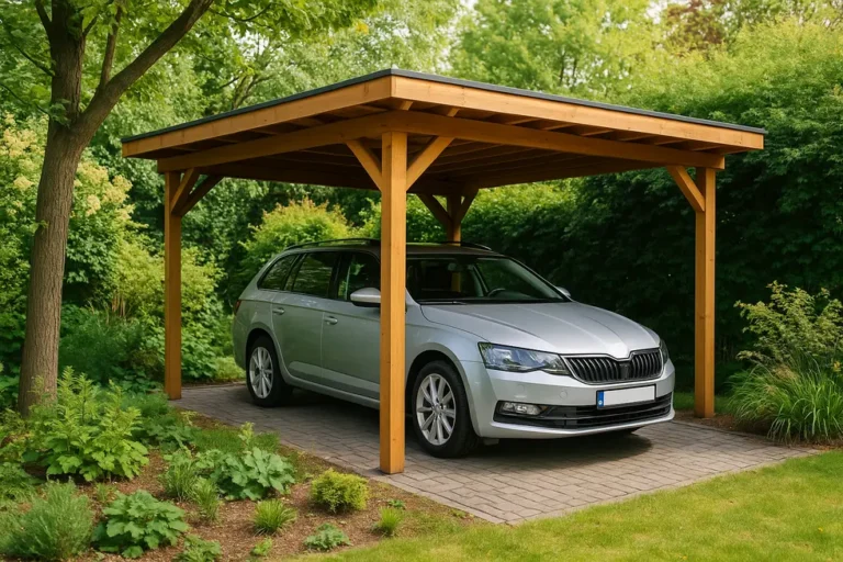 Ile kosztuje budowa wiaty? Znajdź najlepsze rozwiązanie dla siebie! 10 Wiata w ogrodzie z samochodem, otoczona zielenią, symbolizująca funkcjonalność i styl.