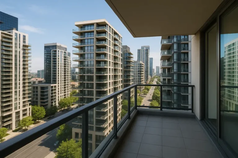 Widok na miasto z balkonu, ilustrujący atrakcyjność balkonów.