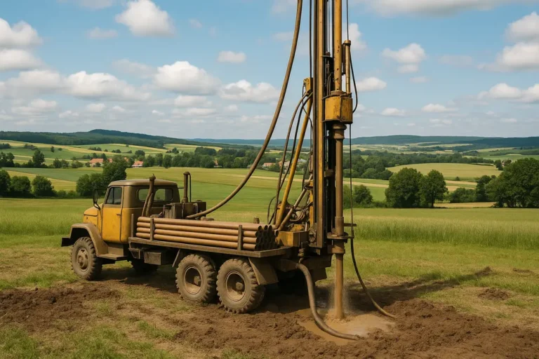 Maszyny do wiercenia studni umiejscowione w pięknym naturalnym otoczeniu.