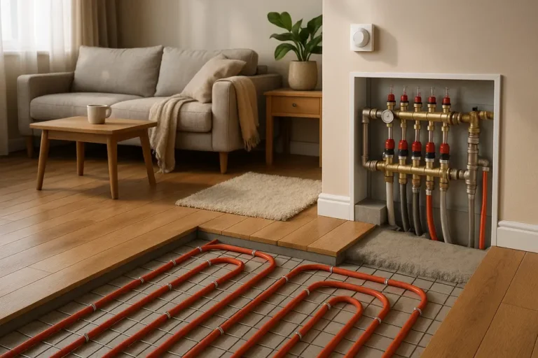 Koszt ogrzewania podłogowego wodnego w Polsce: Wszystko, co musisz wiedzieć 7 Wnętrze z podgrzewaną podłogą, ilustrujące korzyści z instalacji.