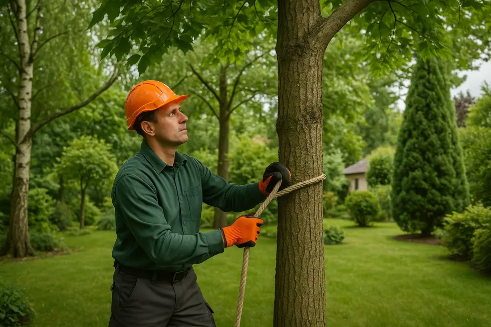 Widok ogrodu z drzewami ukazujący znaczenie wycinki w zarządzaniu ogrodem.