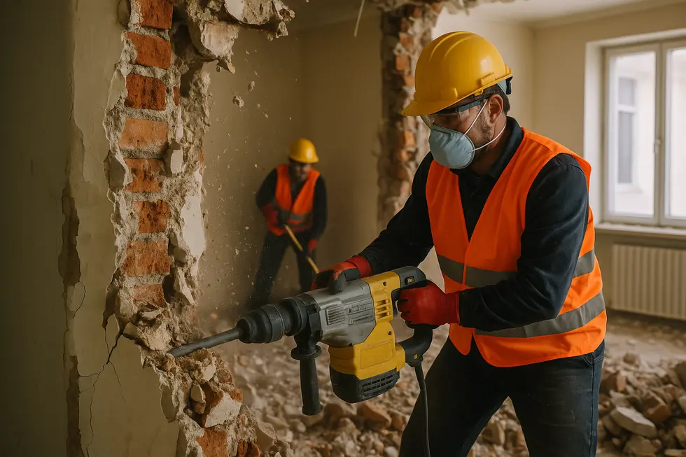 Ekipa budowlana przeprowadzająca wyburzenie ściany w domu mieszkalnym.